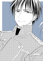Rule 34 | 1boy, amestris military uniform, blue background, border, collared jacket, commentary request, dutch angle, fullmetal alchemist, greyscale, greyscale with colored background, hair between eyes, hana 930, jacket, light smile, looking at viewer, male focus, military uniform, monochrome, roy mustang, short hair, solo, uniform, upper body, white border