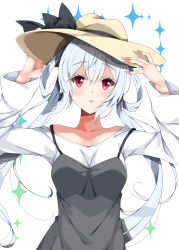 Rule 34 | 1girl, bare shoulders, black bow, black dress, blush, bow, breasts, brown hat, commentary request, dress, hair between eyes, hair rings, hand on headwear, hat, hat bow, long sleeves, looking at viewer, matoi (pso2), medium breasts, milkpanda, off-shoulder shirt, off shoulder, parted lips, phantasy star, phantasy star online 2, purple eyes, shirt, silver hair, simple background, sleeveless, sleeveless dress, solo, sparkle, twintails, white background, white shirt