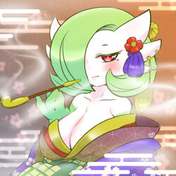 Rule 34 | 1girl, artist name, bare shoulders, blurry, blurry background, blush, bob cut, breasts, cleavage, closed mouth, clothed pokemon, collarbone, colored eyelashes, colored skin, creatures (company), egasumi, female focus, floral background, floral print, flower, game freak, gardevoir, gen 3 pokemon, geturouka9b, green hair, green skin, hair flower, hair ornament, hair over one eye, half-closed eyes, hand up, holding, holding smoking pipe, japanese clothes, kimono, large breasts, looking at viewer, mole, mole under eye, multicolored clothes, multicolored kimono, multicolored skin, nintendo, off shoulder, one eye covered, orange background, pokemon, pokemon (creature), red flower, short hair, signature, smoke, smoking, smoking pipe, solo, tassel, two-tone skin, upper body, white skin