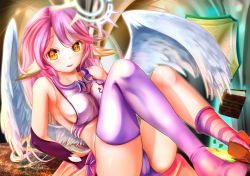 Rule 34 | 1girl, angel wings, asymmetrical legwear, blush, book, breasts, commentary request, spiked halo, crop top, cross, feathered wings, gloves, gradient hair, halo, jibril (no game no life), large breasts, long hair, low wings, magic circle, midriff, mismatched legwear, multicolored hair, no game no life, open mouth, pink hair, shoes, sideboob, single shoe, smile, solo, symbol-shaped pupils, tattoo, tawawa (kakeibo7ykwety), very long hair, white wings, wing ears, wings, yellow eyes