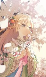 Rule 34 | 1girl, ahoge, blonde hair, braid, branch, brown eyes, cherry blossoms, day, expressionless, frilled kimono, frills, futaba anzu, hair ornament, highres, holding, holding branch, idolmaster, idolmaster cinderella girls, japanese clothes, kimono, long hair, meisa, multicolored clothes, multicolored kimono, obi, outdoors, petals, pom pom (clothes), sash, single hair ring, solo, sunlight, tassel, tree, upper body, wide sleeves
