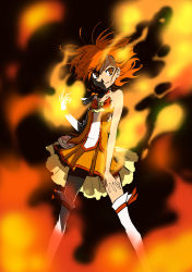 Rule 34 | 10s, 1girl, arm warmers, bare shoulders, bike shorts, bike shorts under skirt, boots, choker, cure sunny, detached sleeves, epic, fingerless gloves, fire, fire, gloves, hair down, harekawa, highres, hino akane (smile precure!), matching hair/eyes, orange eyes, orange hair, orange skirt, orange theme, precure, shirt, short hair, shorts, shorts under skirt, skirt, sleeveless, smile, smile precure!, solo, standing, thigh boots, thighhighs, torn clothes, torn shirt