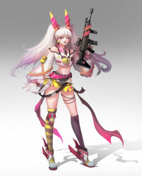 Rule 34 | 1girl, absurdres, animal ears, blonde hair, blue eyes, breasts, rabbit ears, commentary, english commentary, fake animal ears, floating hair, gun, highres, holding, holding gun, holding weapon, horong, long hair, looking at viewer, mechanical ears, midriff, navel, open mouth, original, rifle, small breasts, solo, standing, thigh strap, two side up, weapon, white hair