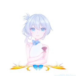Rule 34 | 1girl, blue eyes, closed mouth, flower, grin, hair between eyes, hair ornament, highres, holding, holding flower, honkai (series), honkai impact 3rd, looking at viewer, open mouth, purple flower, purple rose, qaliw, rose, simple background, smile, solo, teeth, theresa apocalypse, white background, white hair