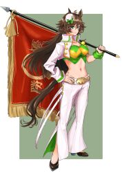 Rule 34 | 1girl, absurdres, animal ears, black footwear, blue eyes, breasts, brown hair, commentary request, crop top, flag, green shirt, haco (skwd2332), hand on own hip, hat, high heels, highres, holding, holding flag, horse ears, jacket, long hair, long sleeves, looking at viewer, medium breasts, midriff, mini hat, mini top hat, mr. c.b. (umamusume), navel, open clothes, open jacket, pants, partial commentary, shirt, single sleeve, smile, solo, stomach, strapless, strapless shirt, tail, top hat, translation request, umamusume, very long hair, white hat, white jacket, white pants