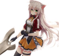 Rule 34 | 1girl, ahoge, anceril sacred, animal ears, backlighting, black gloves, black thighhighs, blouse, blush, breasts, cat ears, cat girl, cat tail, closed mouth, commentary request, cowboy shot, cropped jacket, dress, gloves, green eyes, hair between eyes, highres, holding, holding sword, holding weapon, huge weapon, kemonomimi mode, leaning back, long hair, looking at viewer, medium breasts, neck ribbon, pink hair, pleated skirt, ribbon, shirokami project, shirt, short sleeves, sidelocks, simple background, skirt, solo, standing, surume aburi, sword, tail, thigh strap, thighhighs, very long hair, weapon, white background, white shirt, zettai ryouiki