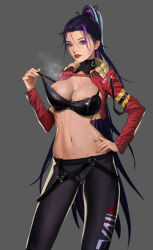 Rule 34 | 1girl, absurdres, adjusting bra, adjusting clothes, areola slip, bad id, bad pixiv id, black bra, black hair, black pants, bra, breasts, cameltoe, chinese commentary, cleavage, commentary, cowboy shot, cropped jacket, cum, detached collar, drizzle 13, eyeshadow, facial, female focus, grey background, hand on own hip, highres, jacket, large breasts, lips, lipstick, long hair, long sleeves, looking at viewer, makeup, multicolored hair, navel, open clothes, open jacket, original, pants, parted lips, ponytail, purple eyes, red jacket, red lips, simple background, solo, standing, stomach, streaked hair, teeth, tight clothes, tight pants, underwear, very long hair, wet
