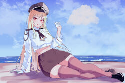 Rule 34 | 1girl, absurdres, arm support, beach, black footwear, black hat, black skirt, blonde hair, blue sky, brown thighhighs, cloud, commentary request, gloves, hair ornament, half gloves, hand up, hat, highres, jingburger, korean commentary, long hair, long sleeves, looking at viewer, midriff, military hat, military uniform, ocean, peaked cap, pencil skirt, red eyes, shoes, skirt, sky, solo, stomach, sundance0218, thighhighs, uniform, virtual youtuber, waktaverse, white gloves, zettai ryouiki