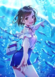 Rule 34 | 1girl, :d, aquarium, ass, bag, bare shoulders, blue choker, blue shorts, blurry foreground, blush, brown eyes, brown hair, choker, commentary request, cowboy shot, fish, frilled shirt, frills, glint, highres, looking at viewer, looking back, morikura en, off-shoulder shirt, off shoulder, open mouth, original, outstretched arms, pointing, pov, shirt, short hair, shorts, shoulder bag, smile, starfish hair ornament, teeth, thighs, water, whale, white shirt