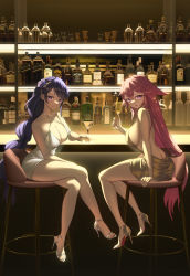 Rule 34 | 2girls, absurdres, alcohol, alternate costume, animal ears, backless dress, backless outfit, bar (place), bar stool, bare legs, bare shoulders, breasts, cleavage, closed mouth, criss-cross halter, crossed legs, cup, dress, earrings, evening gown, flower, fox ears, genshin impact, gold dress, hair between eyes, hair flower, hair ornament, halterneck, high heels, highres, holding, holding cup, jewelry, large breasts, long hair, looking at viewer, multiple girls, open mouth, pink hair, purple eyes, purple hair, raiden shogun, shoes, sideboob, silver dress, sitting, smile, stiletto heels, stool, toes, twitter username, yae miko, zzo (chorizzzzo)