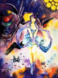 Rule 34 | 1980s (style), 1990s (style), 1girl, aircraft, airplane, black hair, boots, breasts, choujikuu yousai macross, cleavage, cover, dress, epic, fleet, floating, game console, head, jet, legs, lips, long hair, lynn minmay, macross, macross: do you remember love?, macross scrambled valkyrie, mecha, medium breasts, microphone, mikimoto haruhiko, non-web source, official art, oldschool, purple hair, redesign, retro artstyle, robot, science fiction, space, super famicom, traditional media, very long hair, vf-1, vf-1 super, video game