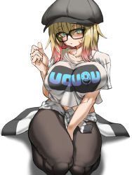 Rule 34 | 1girl, between legs, black-framed eyewear, blonde hair, breasts, closed mouth, clothes writing, collarbone, eyebrows visible through hat, eyes visible through hair, facial mark, glasses, gradient hair, green eyes, grey hat, hand between legs, hat, highres, huu (mohujirou1811), kneeling, large breasts, long hair, mole, mole under eye, multicolored hair, original, pink hair, shirt, simple background, solo, t-shirt, whisker markings, white background