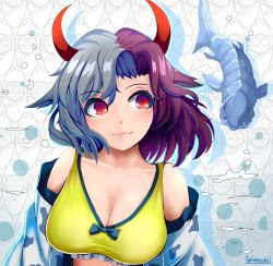 Rule 34 | 1girl, animal ears, animal print, artist name, bare shoulders, black hair, breasts, cleavage, collarbone, commentary request, cow ears, cow horns, cow print, crop top, drop shadow, facing viewer, fish, gradient background, grey hair, haori, highres, horns, japanese clothes, large breasts, light smile, looking away, multicolored hair, off shoulder, patterned background, red eyes, shirt, short hair, solo, split-color hair, torinosukei, touhou, two-tone hair, upper body, ushizaki urumi, yellow shirt