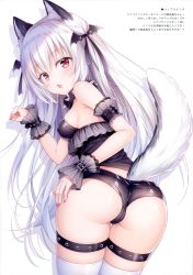 Rule 34 | 1girl, absurdres, animal ears, arm up, ass, black panties, breasts, bustier, collar, dog ears, dog tail, fang, fangs, from behind, hair between eyes, hand on own hip, hand on own ass, highres, leaning forward, long hair, looking at viewer, looking back, mitsuba choco, nail polish, open mouth, original, panties, paw pose, red eyes, ribbon, scan, silver hair, simple background, skin fang, small breasts, solo, spiked collar, spikes, tail, thigh strap, thighhighs, thighs, underwear, very long hair, white background, white thighhighs, wrist cuffs