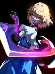Rule 34 | 1girl, absurdres, alice margatroid, arm blade, black background, blue dress, blush, bois de justice, capelet, closed mouth, commentary request, cookie (touhou), cowboy shot, dies irae, dress, dutch angle, frilled capelet, frilled hairband, frills, from side, glowing, glowing eye, hair between eyes, hair intakes, hairband, highres, hinase (cookie), long bangs, looking at viewer, looking to the side, one eye closed, orange hair, red eyes, red hairband, red sash, sash, shinza bansho series, short hair, simple background, smile, solo, tirano tenchou, touhou, weapon, white capelet