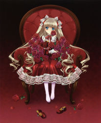 Rule 34 | 1girl, absurdres, blonde hair, blue eyes, carnelian, chair, dress, drill hair, flower, gothic lolita, hair ribbon, highres, lolita fashion, long hair, mary janes, no shoes, original, pantyhose, red dress, red footwear, red theme, ribbon, rose, shoes, unworn shoes, stuffed animal, stuffed toy, teddy bear, twintails, two side up