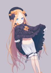 Rule 34 | 1girl, abigail williams (fate), absurdres, black bow, black dress, black hat, blonde hair, bloomers, blue eyes, blush, bow, breasts, clothes lift, daisi gi, dress, dress lift, fate/grand order, fate (series), hair bow, hat, highres, lifted by self, long hair, long sleeves, looking at viewer, multiple hair bows, navel, orange bow, parted bangs, polka dot, polka dot bow, ribbed dress, sleeves past fingers, sleeves past wrists, small breasts, solo, underwear, white bloomers
