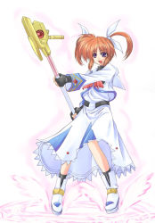 Rule 34 | 00s, 1girl, :o, ankle boots, black gloves, black socks, boots, bow, bowtie, brown hair, capelet, dress, fingerless gloves, full body, gloves, holding, holding wand, ichino, legs apart, long sleeves, lyrical nanoha, magic circle, magical girl, mahou shoujo lyrical nanoha, open mouth, pink background, polearm, purple eyes, raising heart, raising heart (shooting mode), red bow, red hair, rod, shoes, short hair, simple background, socks, solo, staff, standing, takamachi nanoha, takamachi nanoha (original mode), twintails, wand, weapon, white dress, winged footwear, wings