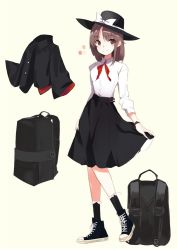 Rule 34 | 1girl, bag, black footwear, black hat, black skirt, black socks, bookbag, bow, brown eyes, brown hair, closed mouth, collared shirt, converse, cross-laced footwear, fedora, full body, hat, hat bow, lace, lace-trimmed legwear, lace trim, long hair, long sleeves, looking at viewer, luggage, medium skirt, neck ribbon, red ribbon, ribbon, shirt, shoes, simple background, skirt, skirt hold, smile, sneakers, socks, solo, standing, tetsurou (fe+), touhou, usami renko, white background, white shirt