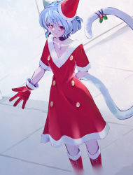 Rule 34 | 1girl, animal ears, arm behind back, blue hair, boots, cat ears, cat girl, cat tail, collar, dress, fur trim, gloves, hat, highres, hunter x hunter, jewelry, leaf, necklace, neferpitou, red dress, red footwear, red gloves, red hat, short hair, short sleeves, solo, tail, yagisawa teru