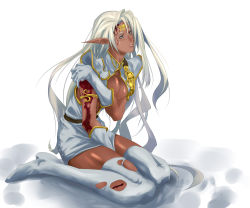 Rule 34 | 1girl, between legs, blood, boots, breast press, breasts, circlet, cleavage, dark skin, dark-skinned female, elbow gloves, elf, full body, gloves, holding own arm, injury, long hair, pirotess, pointy ears, record of lodoss war, saitou (sugarsa10), silver hair, sitting, solo, thigh boots, thighhighs, thighs, torn clothes