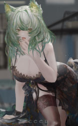 Rule 34 | 1girl, animal ear fluff, animal ears, arknights, artist name, bare shoulders, bent over, black panties, blurry, blurry background, blush, breasts, brown thighhighs, cat ears, ceey, cleavage, depth of field, fangs, finger to mouth, green eyes, green hair, hair ornament, hairclip, highres, kal&#039;tsit (arknights), large breasts, lingerie, long hair, open mouth, panties, see-through, solo, thighhighs, underwear, underwear only, wrist cuffs