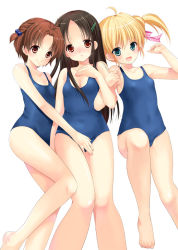 Rule 34 | 3girls, :d, ahoge, azuma yuki, bad id, bad pixiv id, bare shoulders, barefoot, black hair, blonde hair, blue eyes, blush, brown eyes, brown hair, covering privates, covering crotch, girl sandwich, hair bobbles, hair ornament, hair ribbon, hairclip, locked arms, long hair, looking at viewer, lying, multiple girls, on back, one-piece swimsuit, open mouth, original, ribbon, sandwiched, school swimsuit, short hair, short twintails, smile, swimsuit, twintails
