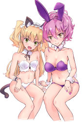 Rule 34 | 2girls, :d, animal ears, bare shoulders, blonde hair, breasts, cat ears, cat tail, cleavage, closed mouth, collarbone, detached collar, fake animal ears, fang, fingernails, green eyes, hair between eyes, hairband, hand on own thigh, highres, idolmaster, idolmaster cinderella girls, jougasaki mika, jougasaki rika, lolita hairband, long hair, looking at viewer, medium breasts, multiple girls, nail polish, navel, open mouth, orange nails, pink hair, pink lips, pink nails, purple hairband, rabbit ears, rabbit tail, siblings, simple background, sisters, sitting, small breasts, smile, suzuki24, tail, two side up, white background, wrist cuffs, yellow eyes