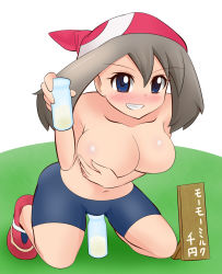 Rule 34 | 00s, 1girl, artist request, blush, breasts, cleavage, covering privates, creatures (company), game freak, highres, lactation, large breasts, may (pokemon), mega milk, mega pokemon, milk, nintendo, pokemon, pokemon rse, smile, solo, translated
