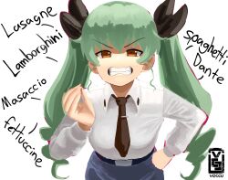 Rule 34 | absurdres, anchovy (girls und panzer), anzio school uniform, artist logo, artist name, blue skirt, bow, brown eyes, clenched teeth, commentary, dress shirt, english commentary, girls und panzer, green hair, hair bow, hand on own hip, highres, italian text, leaning forward, necktie, school uniform, shirt, skirt, teeth, twintails, voc