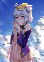 Rule 34 | 1girl, :3, animal, animal on head, antenna hair, artist name, bare shoulders, bird, blush, cat, closed mouth, cloud, cloudy sky, commentary request, cowboy shot, day, dress, earrings, from side, hair bun, hairband, haneru, highres, jacket, jewelry, looking back, nose blush, off shoulder, on head, open clothes, open jacket, original, outdoors, own hands together, pink dress, purple jacket, pussy juice, red eyes, see-through, shibari, shibari under clothes, short hair, side bun, signature, silver hair, single side bun, sky, smile, solo