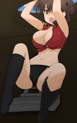 Rule 34 | 1girl, adapted costume, arms up, bikini, bikini bottom only, black bikini, black footwear, blue sky, boots, breasts, brown eyes, brown hair, cleavage, commentary request, crop top, day, girls und panzer, hair ornament, hairclip, large breasts, open mouth, red shirt, rukuriri (girls und panzer), rukuriritea, shirt, sky, sleeveless, sleeveless shirt, solo, st. gloriana&#039;s military uniform, string bikini, swimsuit, tank interior