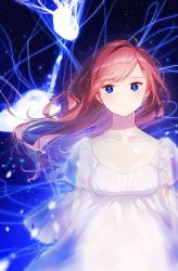 Rule 34 | 1girl, abstract background, blue eyes, brown hair, cowboy shot, dress, earrings, expressionless, floating hair, hami yura, highres, jellyfish, jewelry, long hair, looking at viewer, original, see-through, see-through sleeves, solo, swept bangs, white dress