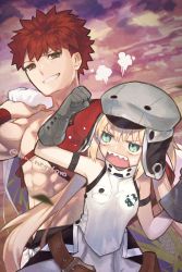 Rule 34 | 1boy, 1girl, puff of air, angry, arms up, artoria caster (fate), artoria caster (first ascension) (fate), artoria pendragon (fate), belt, blonde hair, blush, emiya shirou, fate/grand order, fate (series), floral print, gloves, green eyes, grey gloves, grey headwear, grin, hat, highres, holding, igote, looking at another, negitoro toshijirou, open mouth, rectangular mouth, red hair, senji muramasa (fate), sharp teeth, smile, spiked hair, sweatdrop, teeth, toned, toned male, twitter username, v-shaped eyebrows, wristband, yellow eyes