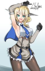 Rule 34 | 1girl, aqua eyes, armpits, black gloves, black pantyhose, blonde hair, blue necktie, breasts, capelet, colorado (kancolle), commentary request, cowboy shot, dated, dress, elbow gloves, gloves, gradient background, grey dress, headgear, kantai collection, looking at viewer, medium breasts, necktie, noagen, open mouth, pantyhose, short hair, sideboob, signature, smile, solo, standing, white background