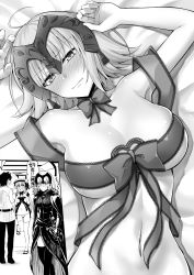 Rule 34 | 1boy, 2girls, :d, ahoge, armor, armpits, arms up, belt, blush, breasts, cleavage, cloak, closed mouth, collarbone, commentary request, dragon horns, fate/grand order, fate (series), fingernails, from above, frown, fujimaru ritsuka (male), fur-trimmed cloak, fur trim, gauntlets, greyscale, hair between eyes, hand up, hands up, headpiece, highres, horns, ijima yuu, jeanne d&#039;arc (fate), jeanne d&#039;arc alter (avenger) (fate), jeanne d&#039;arc alter (fate), kiyohime (fate), large breasts, leg up, long hair, long sleeves, looking at another, looking at viewer, lying, medium breasts, medium hair, monochrome, multiple girls, naked ribbon, navel, neck ribbon, nose blush, on back, open mouth, panties, pants, parted lips, plackart, ribbon, scabbard, sheath, sheathed, shiny skin, shirt, shoes, sidelocks, skindentation, slippers, smile, speech bubble, standing, standing on one leg, sweatdrop, sword, talking, thigh gap, thighhighs, translation request, underwear, upper body, weapon