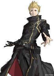 Rule 34 | 1boy, belt, black coat, black pants, blonde hair, coat, commentary request, copyright request, earrings, fate (series), gilgamesh (fate), gilgamesh (gilgamesh in ny) (fate), grin, jewelry, k-suwabe, long sleeves, looking at viewer, male focus, official alternate costume, pants, pouch, red eyes, simple background, smile, solo, standing, twitter username, white background