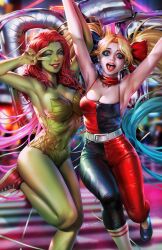 Rule 34 | 2girls, armpits, arms up, batman (series), belt, black pants, black ribbon, black shirt, blonde hair, blue eyes, blue hair, breasts, cleavage, colored skin, dc comics, dcwj, gradient background, green eyes, green skin, hair ribbon, harley quinn, highres, large breasts, leaf clothing, leaf leotard, leotard, long hair, looking at viewer, multicolored hair, multiple girls, one eye closed, open mouth, pants, pink hair, plant clothing, poison ivy, red footwear, red hair, red pants, red ribbon, red shirt, ribbon, shirt, shoes, sleeveless, sleeveless shirt, sneakers, socks, strapless, strapless leotard, teeth, twintails, two-tone eyes, two-tone pants, two-tone shirt, upper teeth only, v, v over eye, very long hair, white belt, white socks