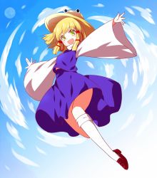 Rule 34 | 1girl, :d, blonde hair, blue skirt, blush, cloud, eyebrows, full body, hat, highres, long sleeves, moon, moriya suwako, open mouth, outstretched arms, red footwear, rie-co, shoes, sidelocks, skirt, sky, smile, solo, spread arms, touhou, turtleneck, white legwear, wide sleeves, yellow eyes