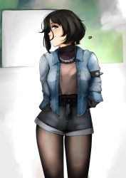 Rule 34 | 1girl, absurdres, arms behind back, asymmetrical hair, black eyes, black hair, breasts, chain, contrapposto, denim, denim jacket, heart, highres, jacket, jewelry, pantyhose under shorts, looking at viewer, medium breasts, necklace, original, pantyhose, pupi (rain prophet), shorts, smile, solo