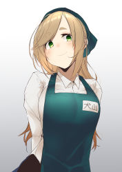 Rule 34 | 1girl, absurdres, apron, arms behind back, blush, breasts, brown hair, closed mouth, collared shirt, fang, gradient background, green eyes, grey background, head scarf, highres, inuyama aoi, kobo (cobo 0609), large breasts, long hair, long sleeves, looking at viewer, name tag, shirt, simple background, skin fang, smile, solo, standing, thick eyebrows, white shirt, yurucamp