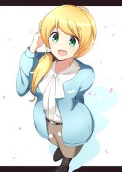 Rule 34 | 1girl, a.a (aa772), arm behind back, bad id, bad pixiv id, belt, black pantyhose, blonde hair, ellen baker, from above, green eyes, jacket, letterboxed, long hair, looking up, low ponytail, new horizon, open mouth, pantyhose, petals, scrunchie, shirt, shoes, skirt, smile, solo