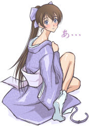 Rule 34 | 00s, 1girl, blue eyes, blush, brown hair, from behind, japanese clothes, kimono, kneeling, long hair, long sleeves, looking at viewer, looking back, ponytail, simple background, sitting, socks, solo, true tears, very long hair, white background, white socks, yuasa hiromi