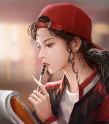 Rule 34 | 1girl, ayako (slam dunk), blurry, blurry background, brown hair, character request, curly hair, dong2342, hat, highres, holding, holding notepad, jacket, lipgloss, notepad, open clothes, open jacket, pen to mouth, ponytail, portrait, realistic, red hat, red jacket, shirt, slam dunk (series), solo, thinking, white shirt