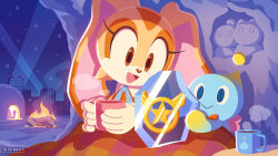 Rule 34 | 1boy, 1girl, animal ears, big the cat, blanket, bow, bowtie, brown eyes, campfire, cat tail, chao (sonic), cheese (sonic), commentary request, cream the rabbit, cup, fire, furry, furry female, furry male, gloves, holding, holding cup, igloo, night, night sky, official art, plaid blanket, rabbit ears, sky, smile, snow, snow shelter, sonic (series), tail, under covers, uno yuuji, white gloves