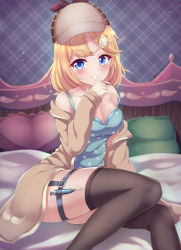 Rule 34 | 1girl, absurdres, bare shoulders, bed, black thighhighs, blonde hair, blue eyes, blurry, blurry background, blush, breasts, cargo (pixiv27244088), cleavage, collarbone, grin, hat, highres, hololive, hololive english, looking at viewer, medium breasts, medium hair, on bed, open clothes, pillow, sitting, smile, solo, thighhighs, thighs, virtual youtuber, watson amelia