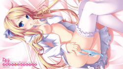 Rule 34 | 1girl, ass, blonde hair, blue eyes, blue panties, bottomless, breasts, dress shirt, giga, harvest overray, highres, long hair, looking at viewer, lying, mikami lilia, navel, nipples, nironiro, no bra, on side, open clothes, open shirt, panties, panty pull, ribbon, shirt, solo, striped ribbon, thighhighs, underwear, white shirt, white thighhighs