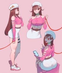 Rule 34 | 1girl, alternate skin color, argyle, argyle clothes, argyle sweater, ass, ass focus, back, blush, breasts, brown hair, crop top, expressions, from behind, full body, grin, hairband, highres, huge ass, leash, long hair, looking back, multiple views, nyantcha, open mouth, original, pantylines, red eyes, shirt, simple background, small breasts, smile, sweater, thick thighs, thighs, tiffany (nyantcha)