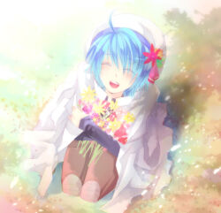 Rule 34 | 1boy, ahoge, blue hair, blush, brown pants, cape, closed eyes, commentary request, eyes visible through hair, flower, full body, hair between eyes, hat, hat flower, holding, holding flower, long bangs, mage (ragnarok online), male focus, open mouth, orange flower, pants, ragnarok online, red flower, seiza, short hair, sitting, smile, solo, takamura ryou, tam (ragnarok online), white cape, yellow flower