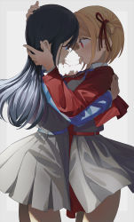 Rule 34 | 2girls, absurdres, after kiss, black hair, blonde hair, blue dress, blue eyes, breast press, breasts, dress, grey background, grey dress, hair ribbon, highres, inoue takina, large breasts, long hair, long sleeves, looking at viewer, lycoris recoil, multiple girls, nishikigi chisato, open mouth, red dress, red eyes, red ribbon, ribbon, saliva, saliva trail, shiratama mochi, short hair, thighs, tongue, tongue out, two-tone dress, yuri